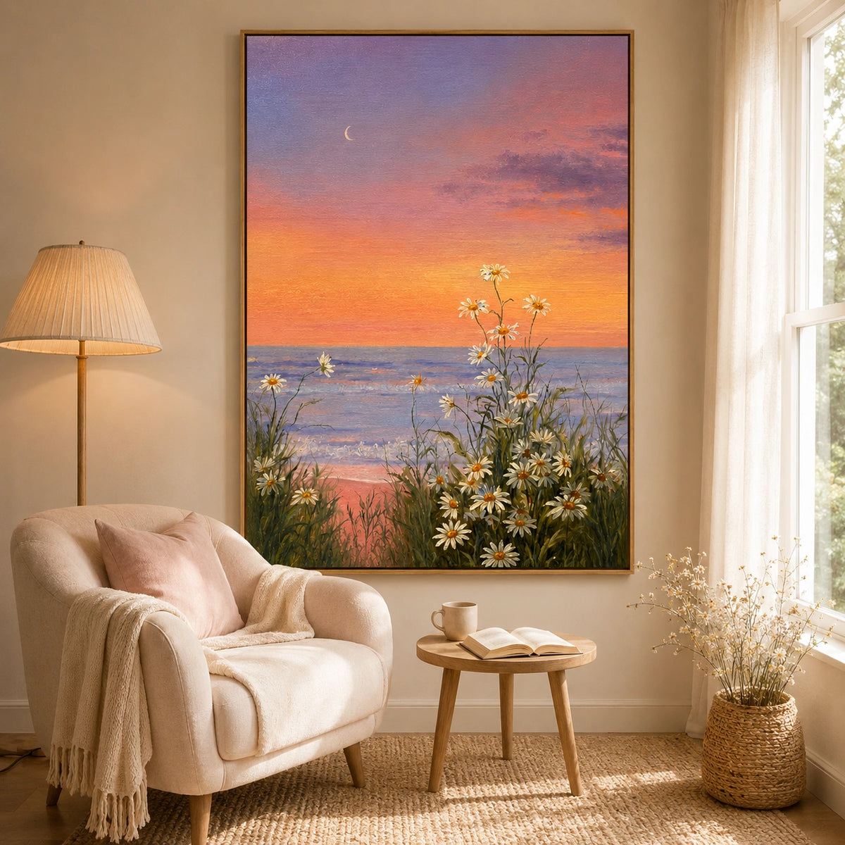 Ownanart Hand-Painted Coastal Sunset Daisy Oil Painting – Pink Purple Sky, Crescent Moon and Floral Seascape Wall Art  # OA 1286