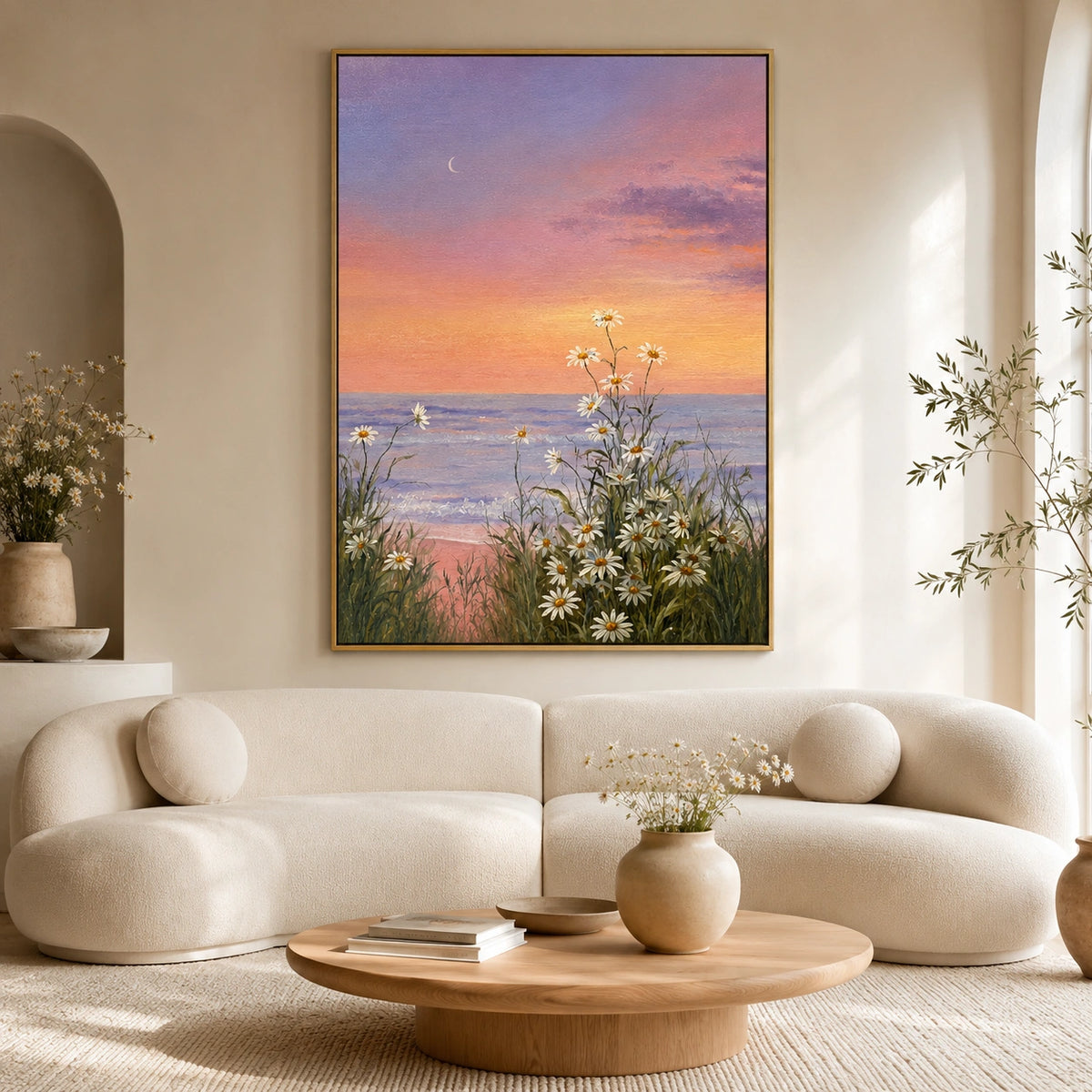 Ownanart Hand-Painted Coastal Sunset Daisy Oil Painting – Pink Purple Sky, Crescent Moon and Floral Seascape Wall Art  # OA 1286