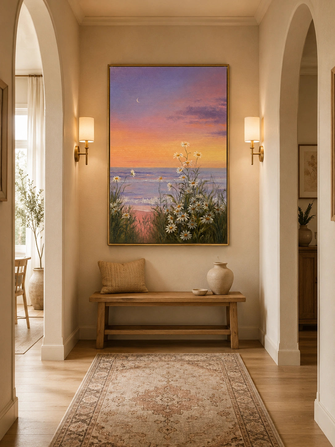 OwnanartHand-PaintedCoastalSunsetDaisyOilPainting_PinkPurpleSky_CrescentMoonandFloralSeascapeWallArt_6