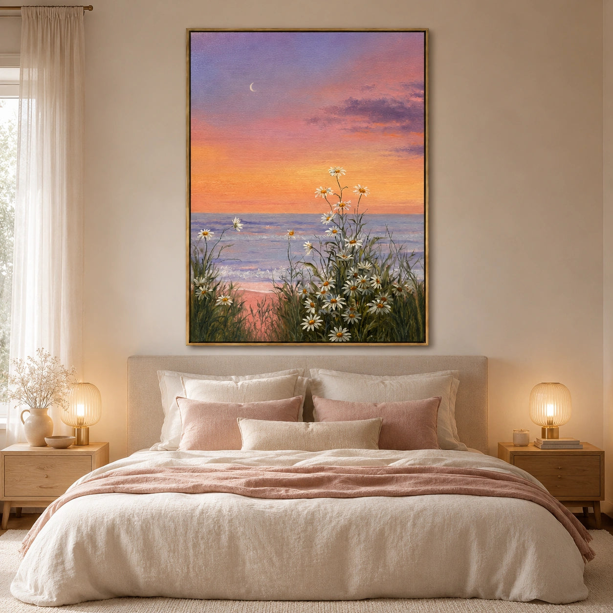 OwnanartHand-PaintedCoastalSunsetDaisyOilPainting_PinkPurpleSky_CrescentMoonandFloralSeascapeWallArt