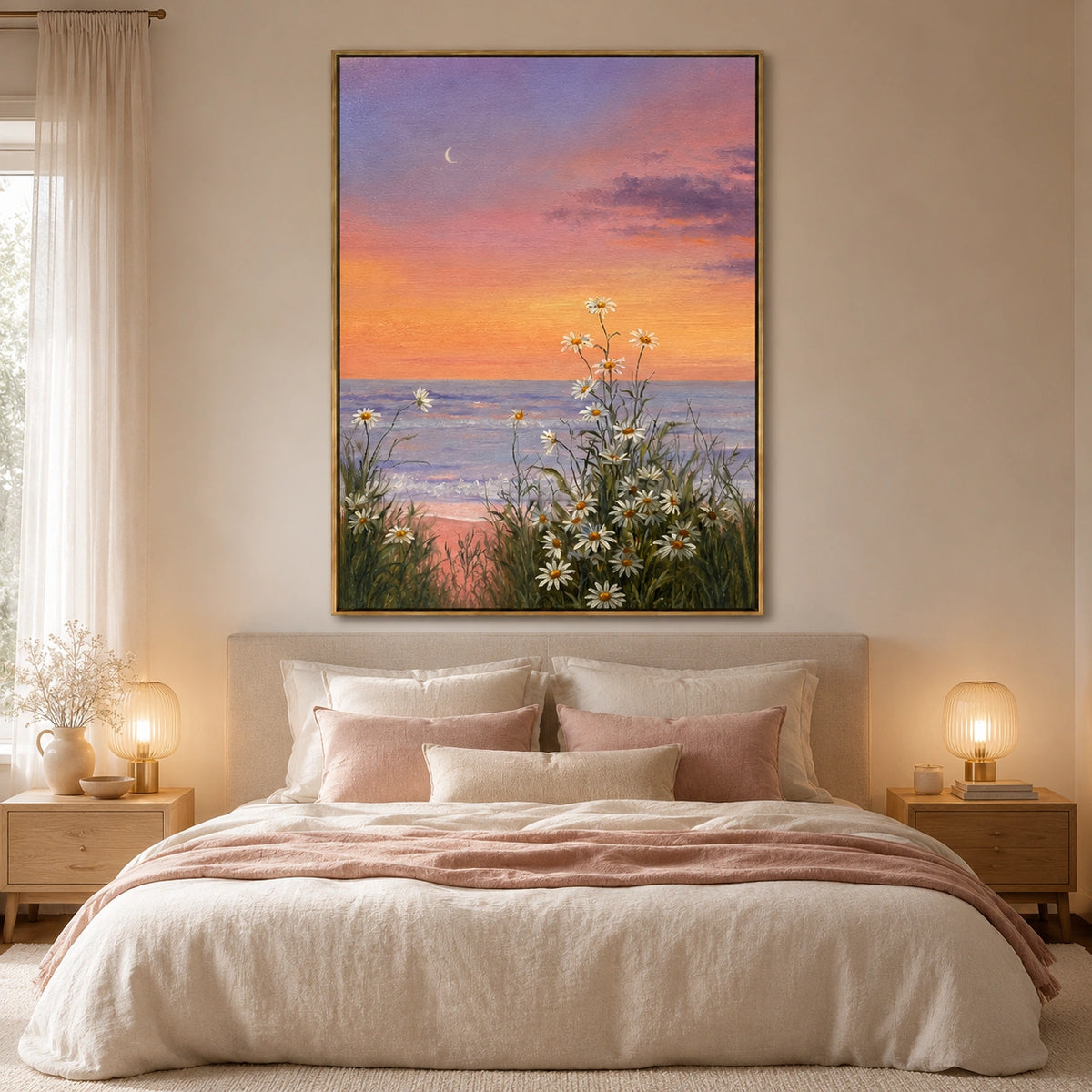 Ownanart Hand-Painted Coastal Sunset Daisy Oil Painting – Pink Purple Sky, Crescent Moon and Floral Seascape Wall Art  # OA 1286