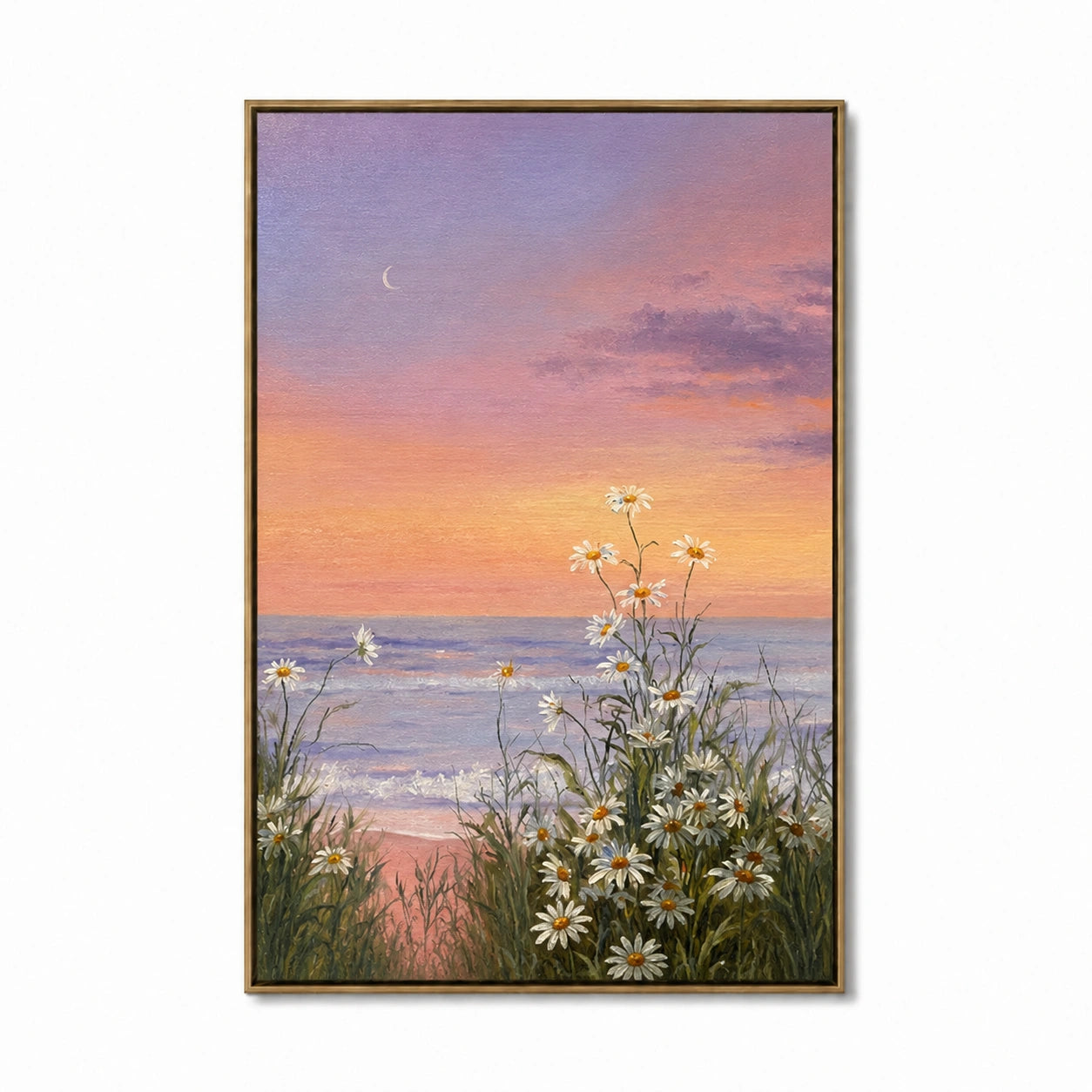OwnanartHand-PaintedCoastalSunsetDaisyOilPainting_PinkPurpleSky_CrescentMoonandFloralSeascapeWallArt_6