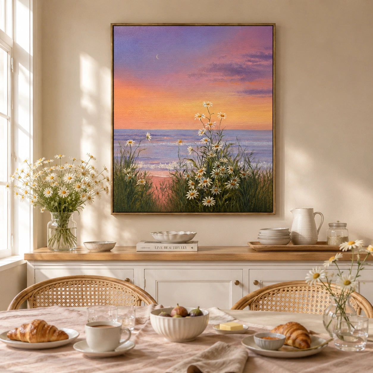 OwnanartHand-PaintedCoastalSunsetDaisyOilPainting_PinkPurpleSky_CrescentMoonandFloralSeascapeWallArt