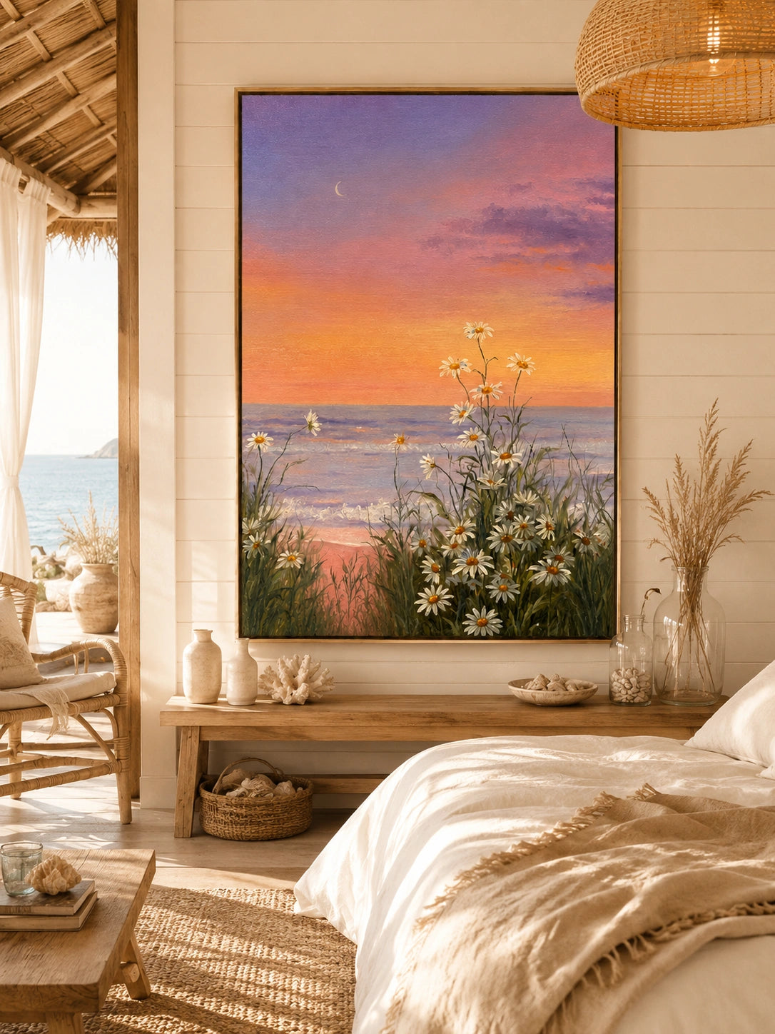 OwnanartHand-PaintedCoastalSunsetDaisyOilPainting_PinkPurpleSky_CrescentMoonandFloralSeascapeWallArt