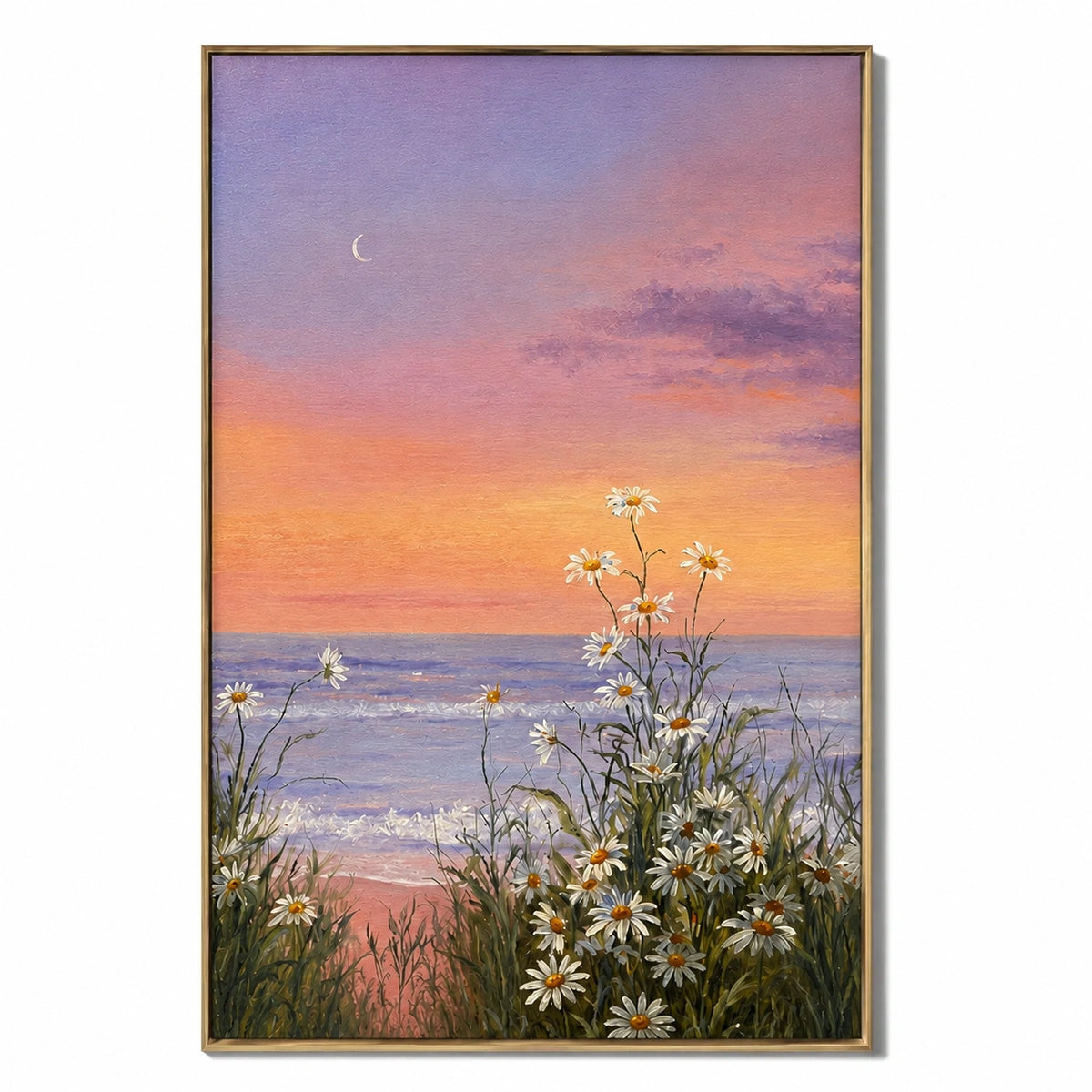 Ownanart Hand-Painted Coastal Sunset Daisy Oil Painting – Pink Purple Sky, Crescent Moon and Floral Seascape Wall Art  # OA 1286