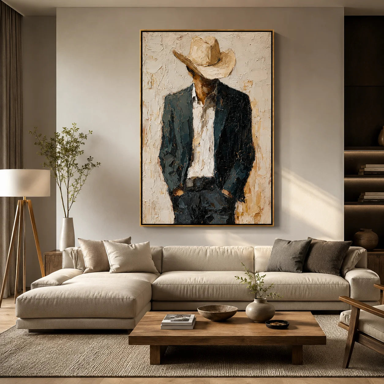 Hand-Painted Cowboy Oil Painting, Textured Western Portrait Canvas Wall Art for Rustic Luxury Home Decor#OA 0934