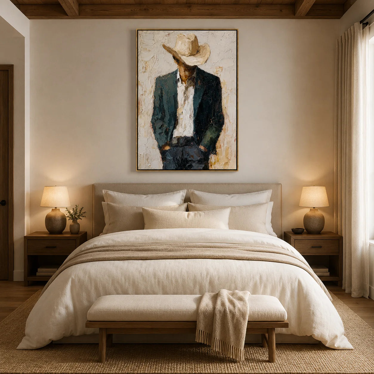 Hand-Painted Cowboy Oil Painting, Textured Western Portrait Canvas Wall Art for Rustic Luxury Home Decor#OA 0934