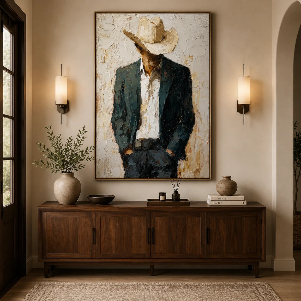 Hand-Painted Cowboy Oil Painting, Textured Western Portrait Canvas Wall Art for Rustic Luxury Home Decor#OA 0934