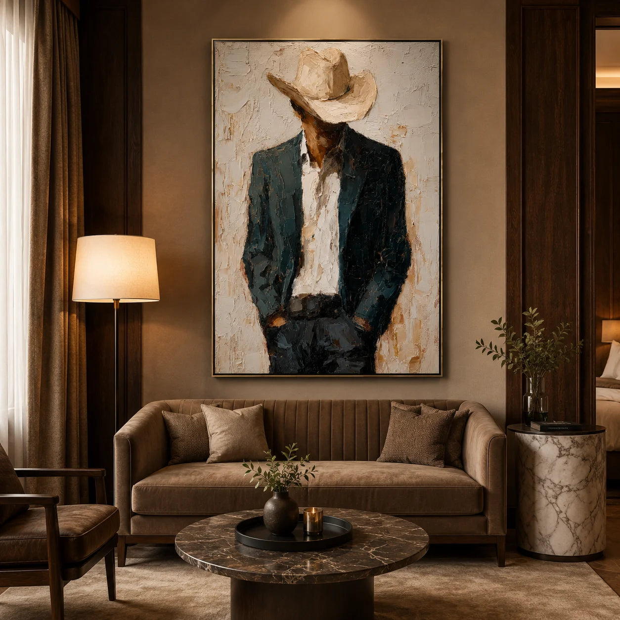 Hand-Painted Cowboy Oil Painting, Textured Western Portrait Canvas Wall Art for Rustic Luxury Home Decor#OA 0934