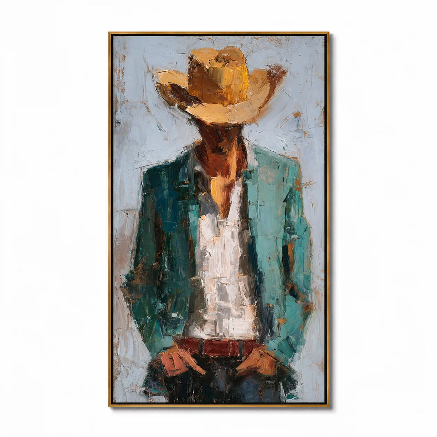 Hand-Painted Cowboy Oil Painting, Western Portrait Wall Art with Textured Canvas for Rustic Luxury Home Decor#OA 0929