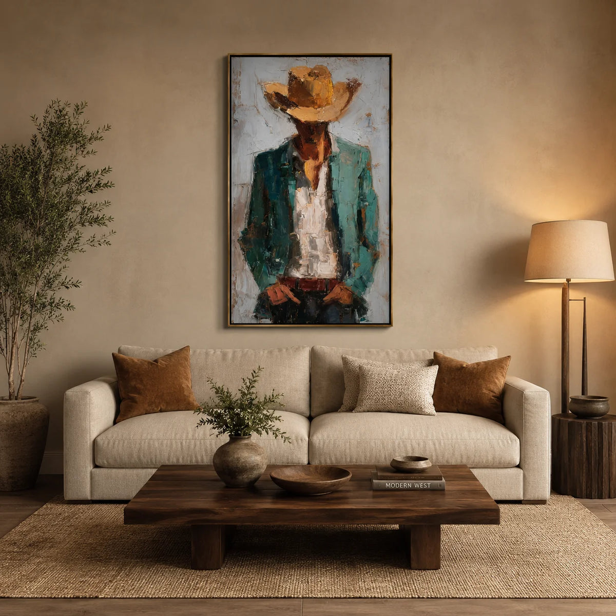 Hand-Painted Cowboy Oil Painting, Western Portrait Wall Art with Textured Canvas for Rustic Luxury Home Decor#OA 0929
