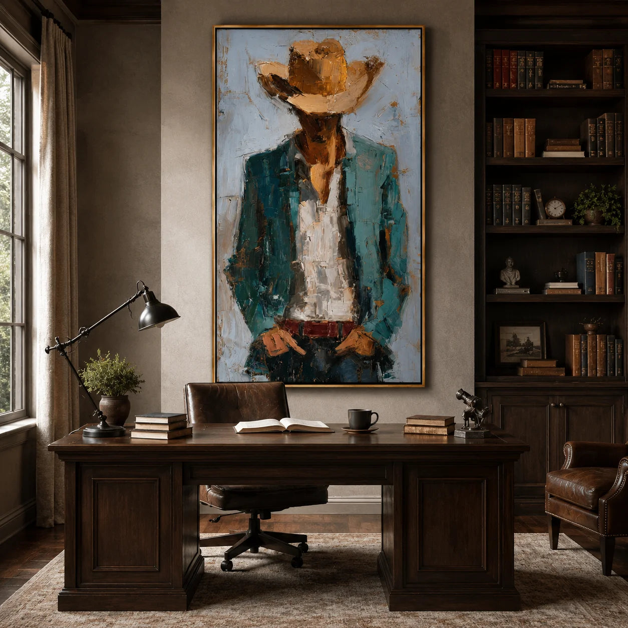 Hand-Painted Cowboy Oil Painting, Western Portrait Wall Art with Textured Canvas for Rustic Luxury Home Decor#OA 0929