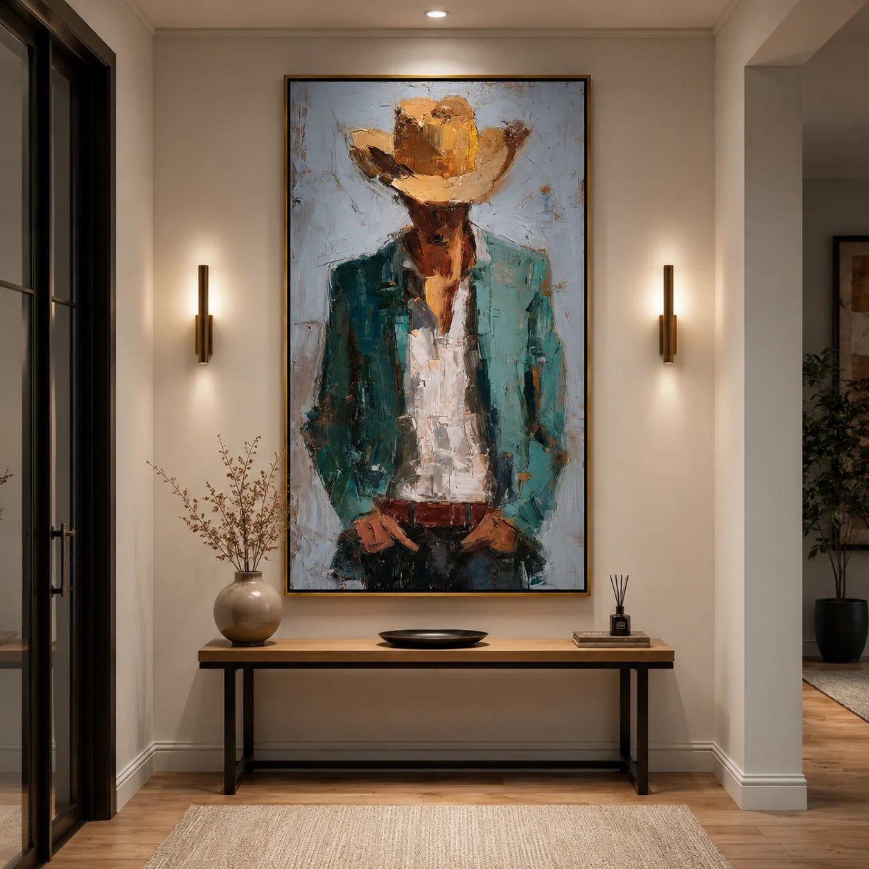 Hand-Painted Cowboy Oil Painting, Western Portrait Wall Art with Textured Canvas for Rustic Luxury Home Decor#OA 0929
