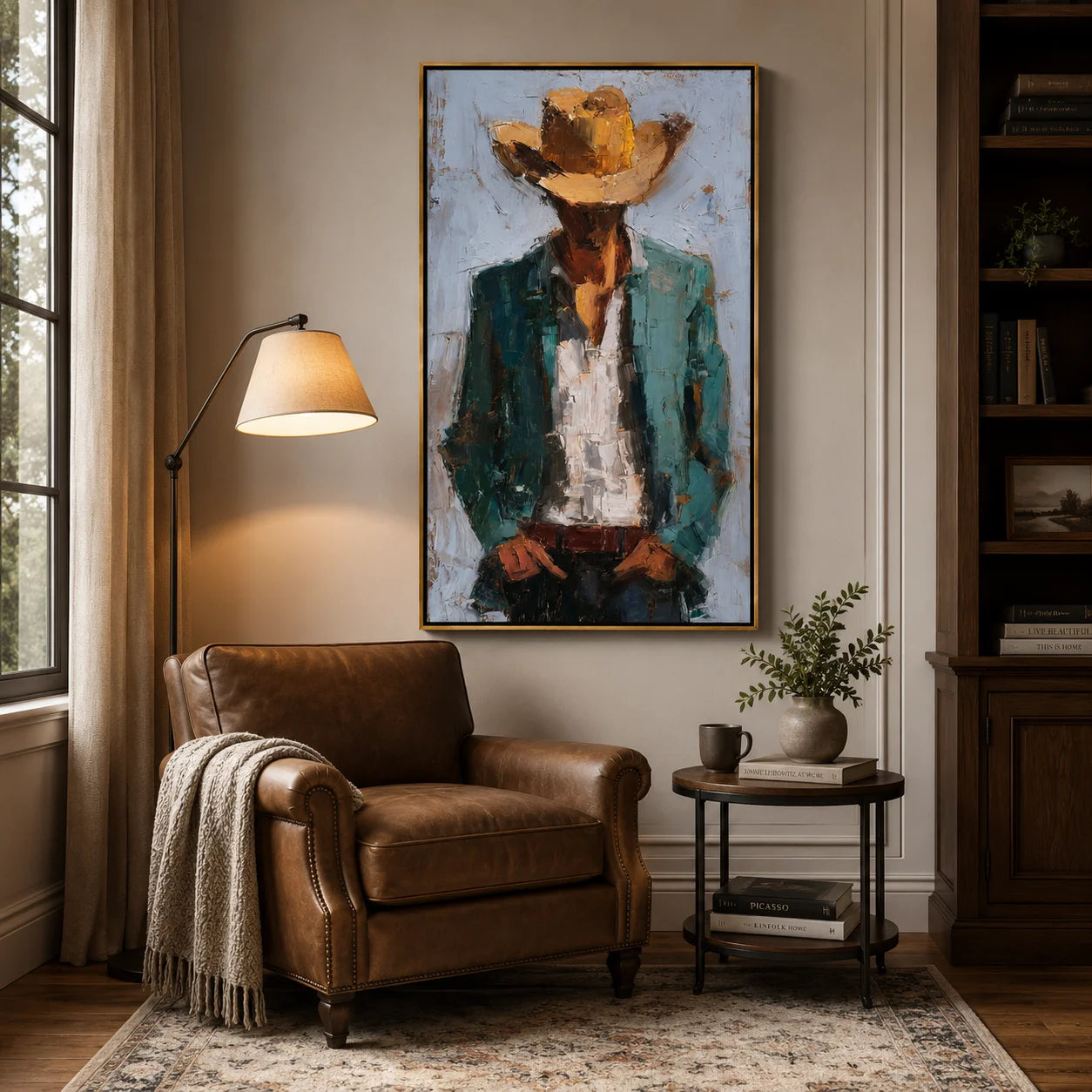 Hand-Painted Cowboy Oil Painting, Western Portrait Wall Art with Textured Canvas for Rustic Luxury Home Decor#OA 0929