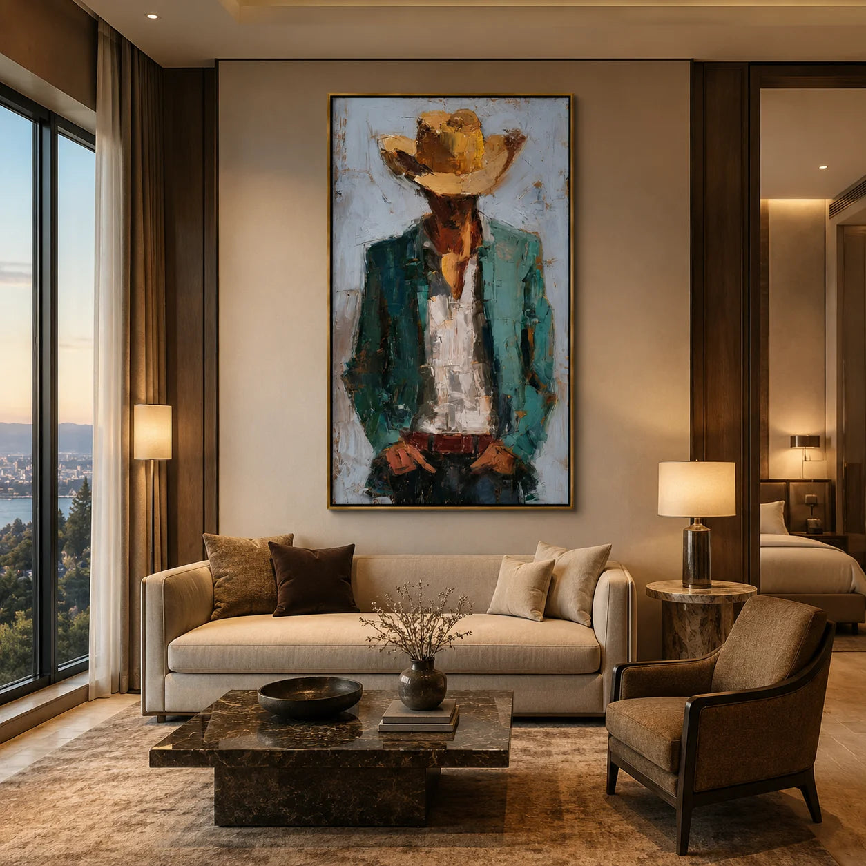 Hand-Painted Cowboy Oil Painting, Western Portrait Wall Art with Textured Canvas for Rustic Luxury Home Decor#OA 0929