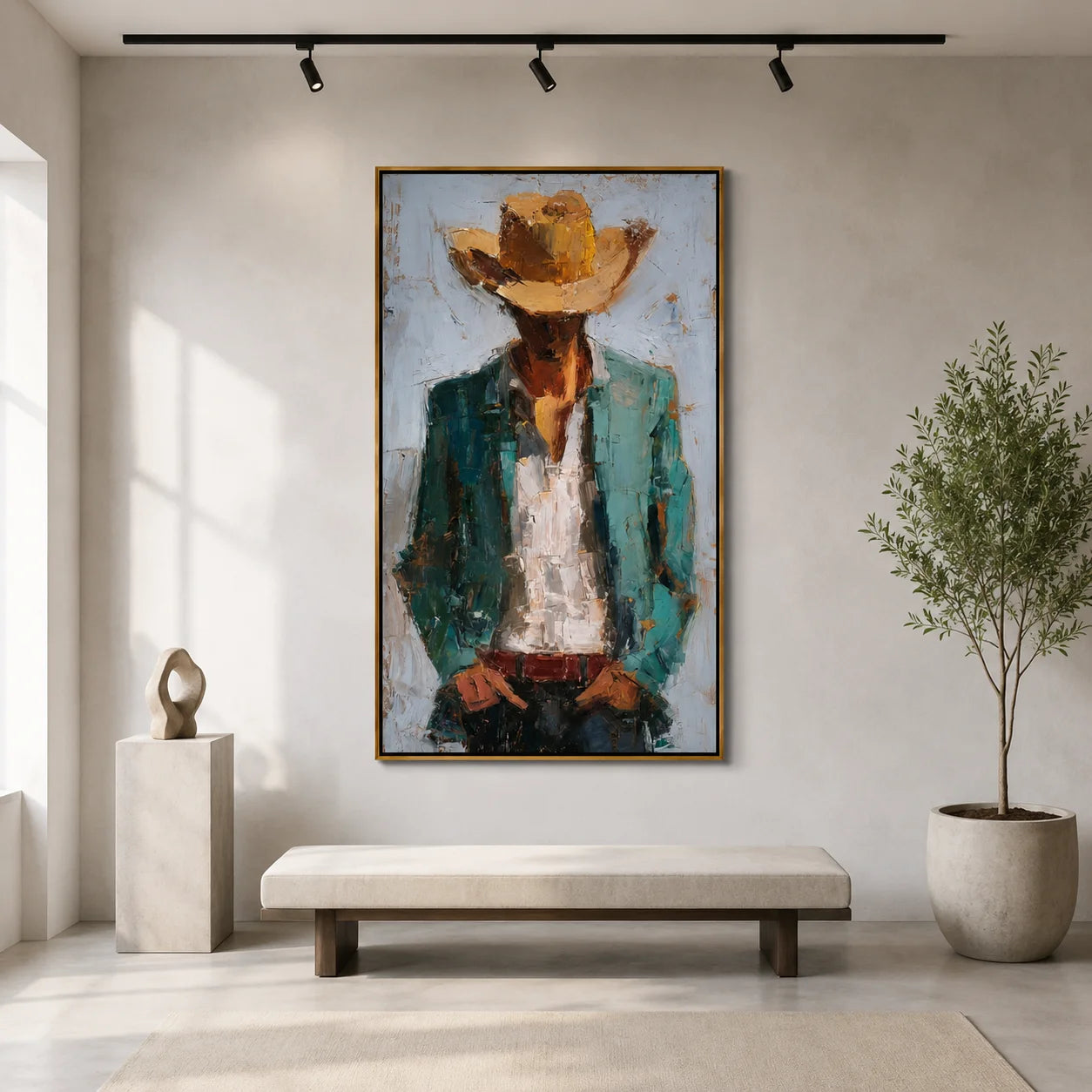 Hand-Painted Cowboy Oil Painting, Western Portrait Wall Art with Textured Canvas for Rustic Luxury Home Decor#OA 0929