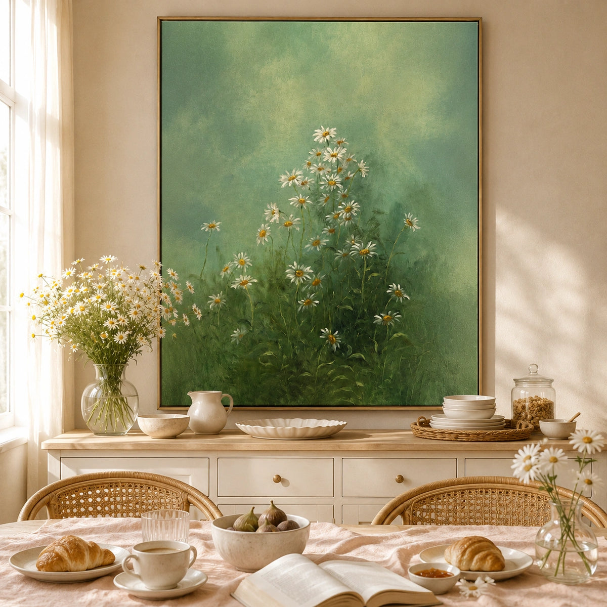 Ownanart Hand-Painted Green Daisy Meadow Oil Painting – Sage Botanical Floral Wall Art for Natural Home Decor # OA 1287