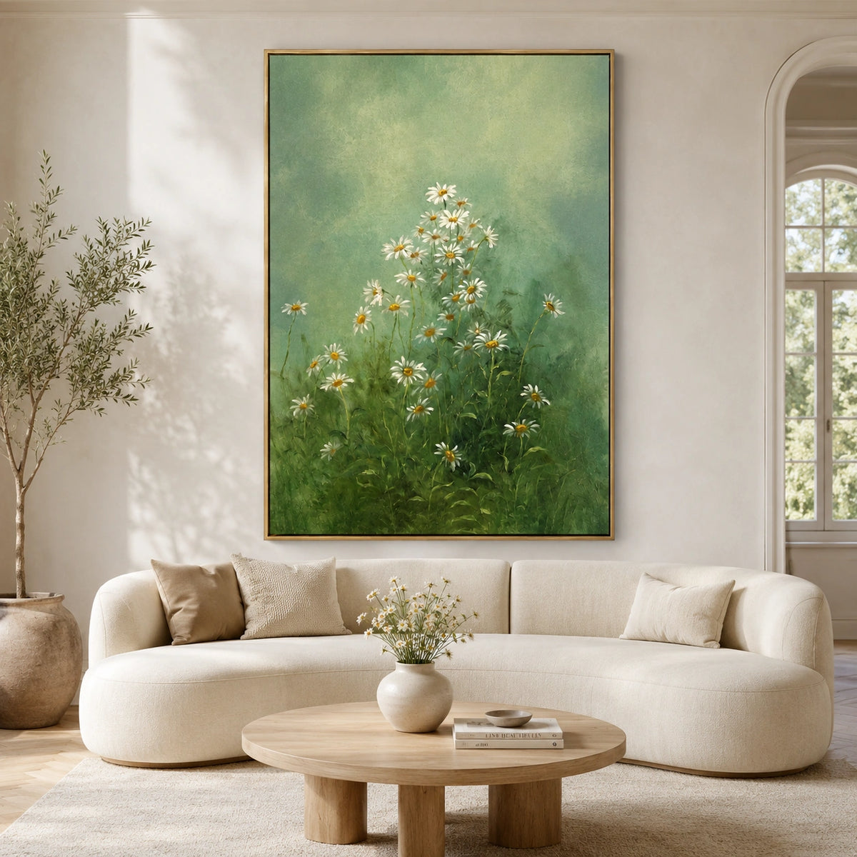 Ownanart Hand-Painted Green Daisy Meadow Oil Painting – Sage Botanical Floral Wall Art for Natural Home Decor # OA 1287