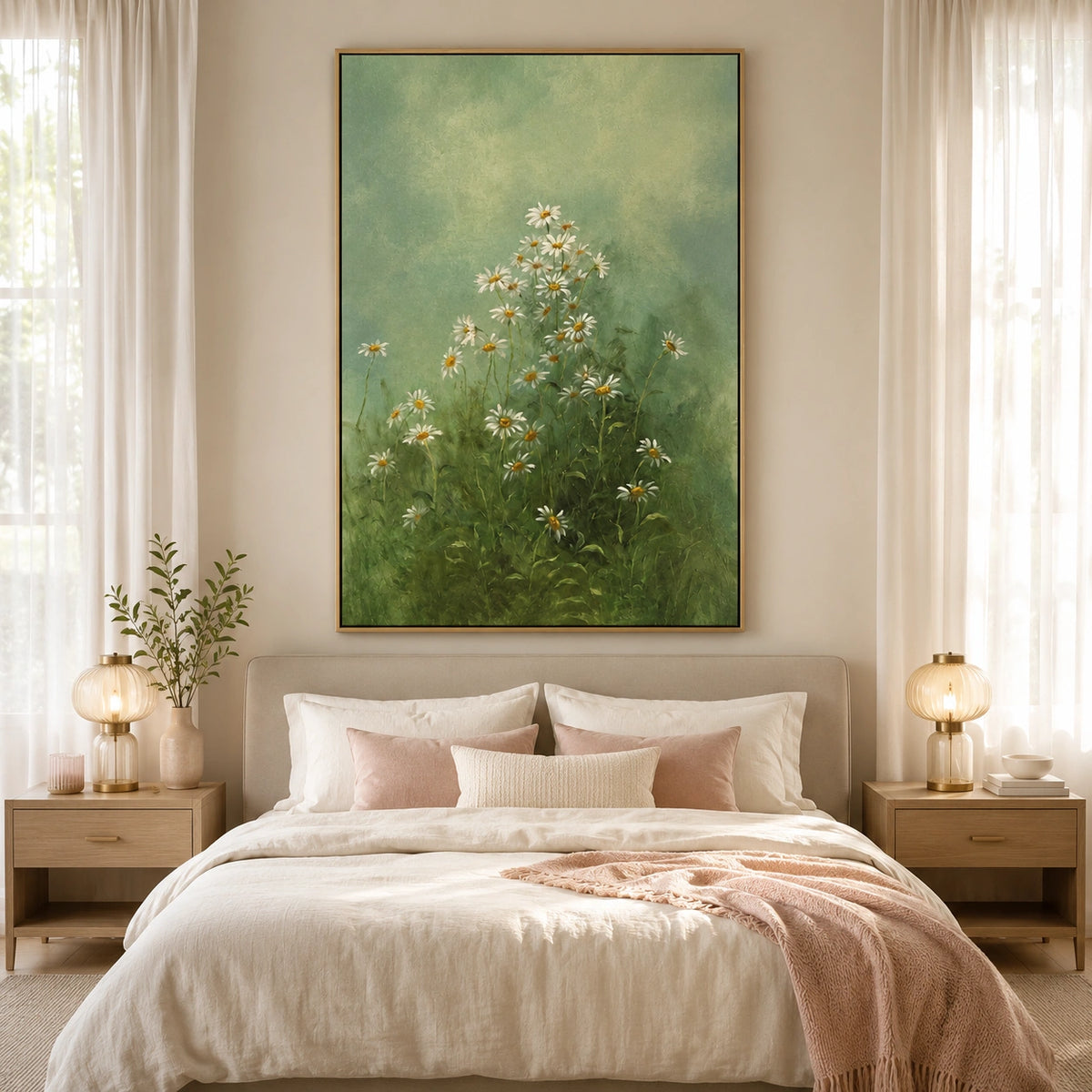 Ownanart Hand-Painted Green Daisy Meadow Oil Painting – Sage Botanical Floral Wall Art for Natural Home Decor # OA 1287