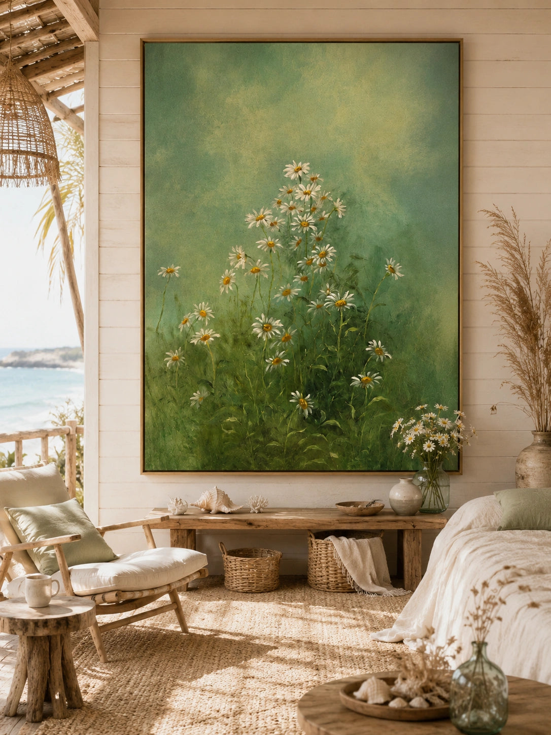 Ownanart Hand-Painted Green Daisy Meadow Oil Painting – Sage Botanical Floral Wall Art for Natural Home Decor # OA 1287