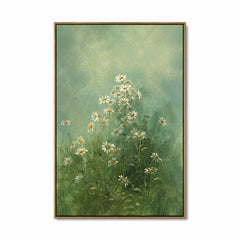Ownanart Hand-Painted Green Daisy Meadow Oil Painting – Sage Botanical Floral Wall Art for Natural Home Decor # OA 1287