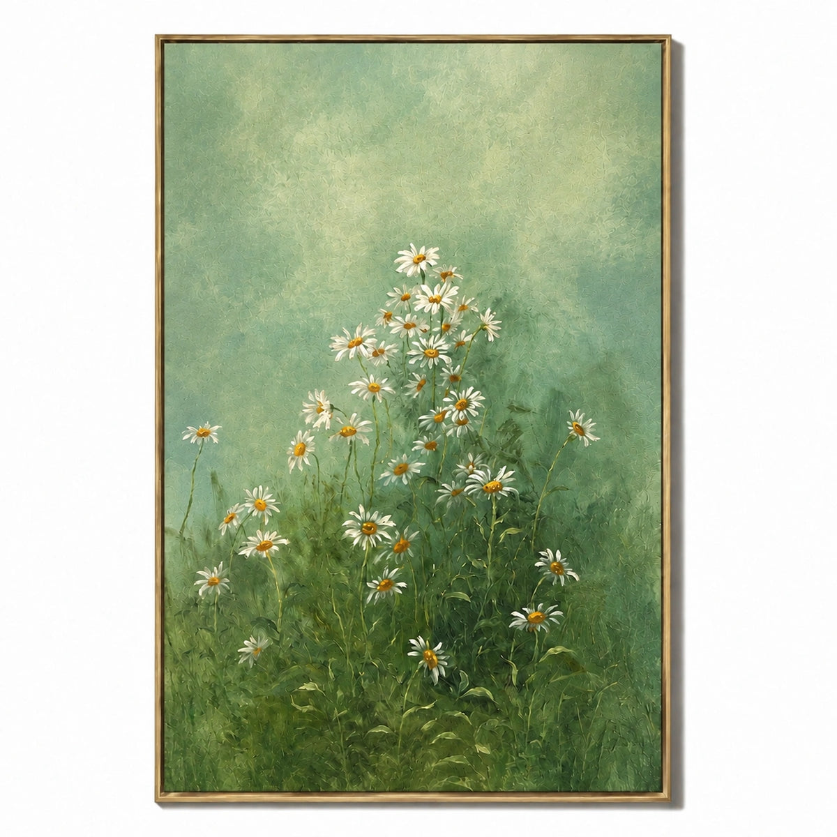 Ownanart Hand-Painted Green Daisy Meadow Oil Painting – Sage Botanical Floral Wall Art for Natural Home Decor # OA 1287