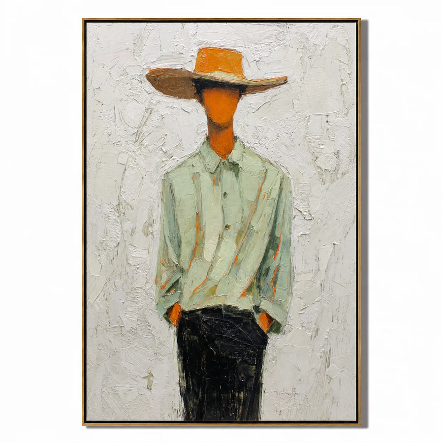 Hand-Painted Minimalist Cowboy Oil Painting, Textured Western Portrait Canvas Wall Art for Modern Farmhouse Decor#OA 0933