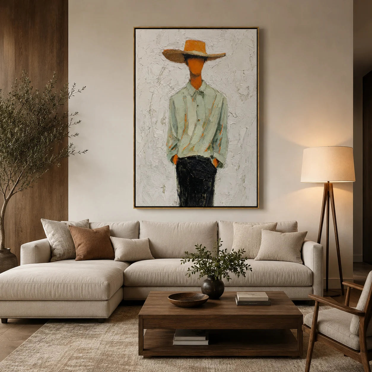 Hand-Painted Minimalist Cowboy Oil Painting, Textured Western Portrait Canvas Wall Art for Modern Farmhouse Decor#OA 0933