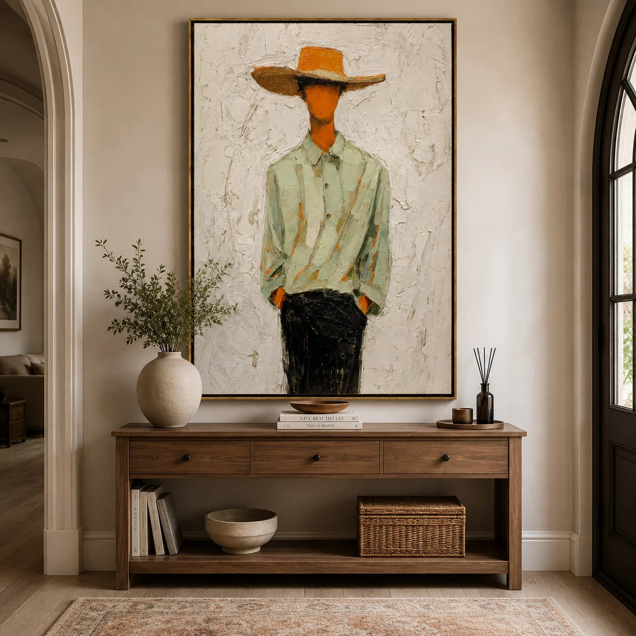 Hand-Painted Minimalist Cowboy Oil Painting, Textured Western Portrait Canvas Wall Art for Modern Farmhouse Decor#OA 0933