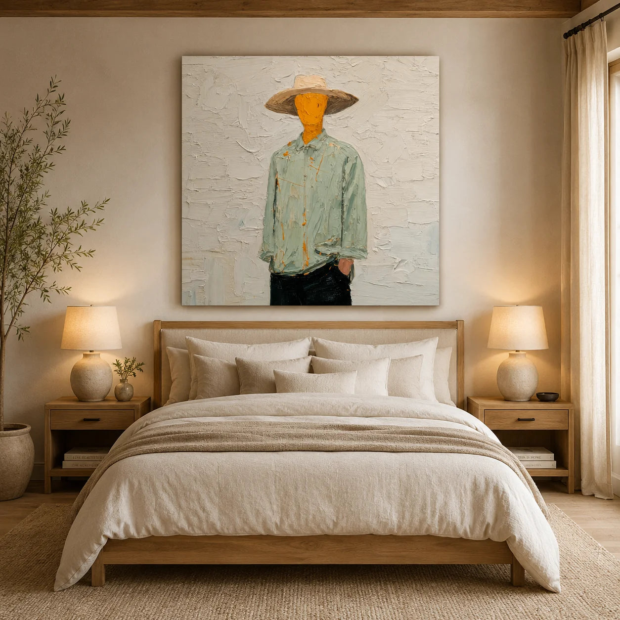 Hand-Painted Minimalist Cowboy Oil Painting, Textured Western Portrait Canvas Wall Art for Modern Home Decor#OA 0930