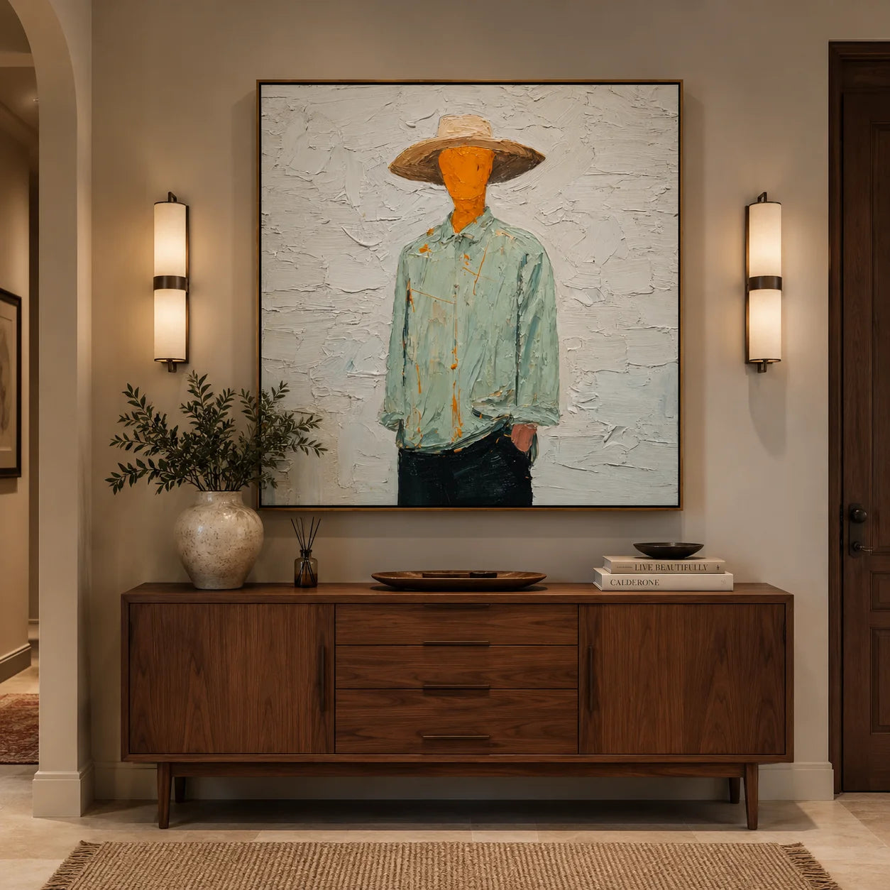 Hand-Painted Minimalist Cowboy Oil Painting, Textured Western Portrait Canvas Wall Art for Modern Home Decor#OA 0930