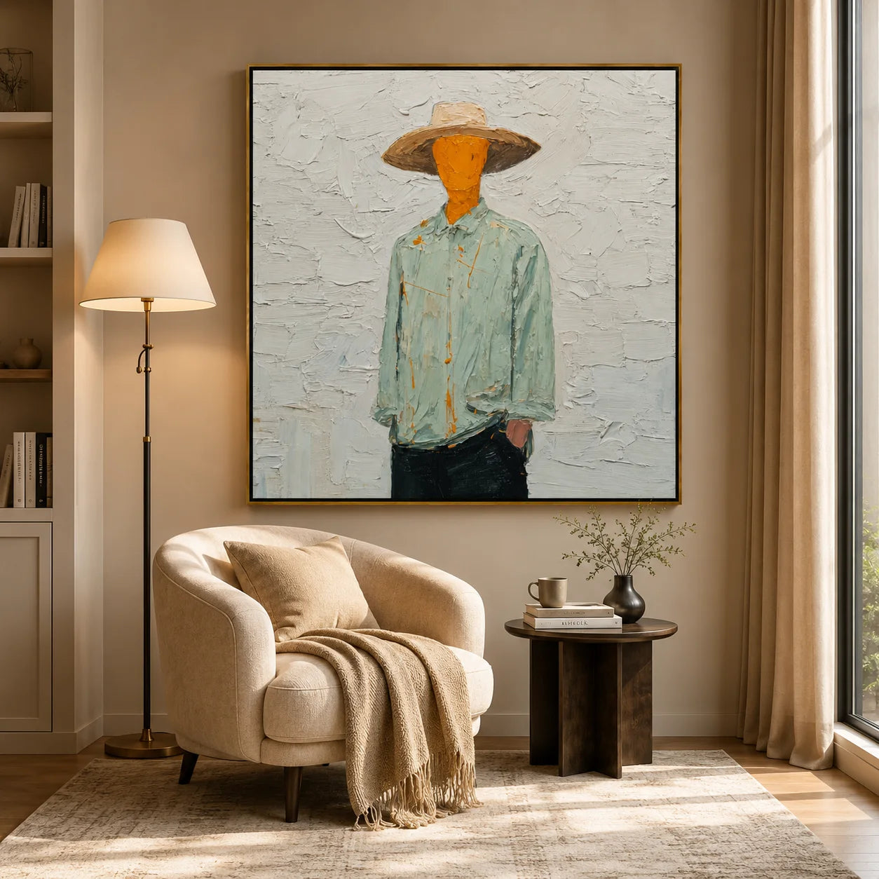 Hand-Painted Minimalist Cowboy Oil Painting, Textured Western Portrait Canvas Wall Art for Modern Home Decor#OA 0930