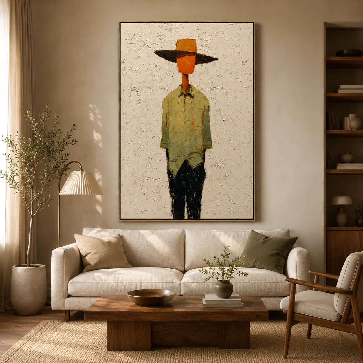 Hand-Painted Minimalist Western Figure Oil Painting, Textured Cowboy Portrait Canvas Wall Art for Modern Home Decor#OA 0932