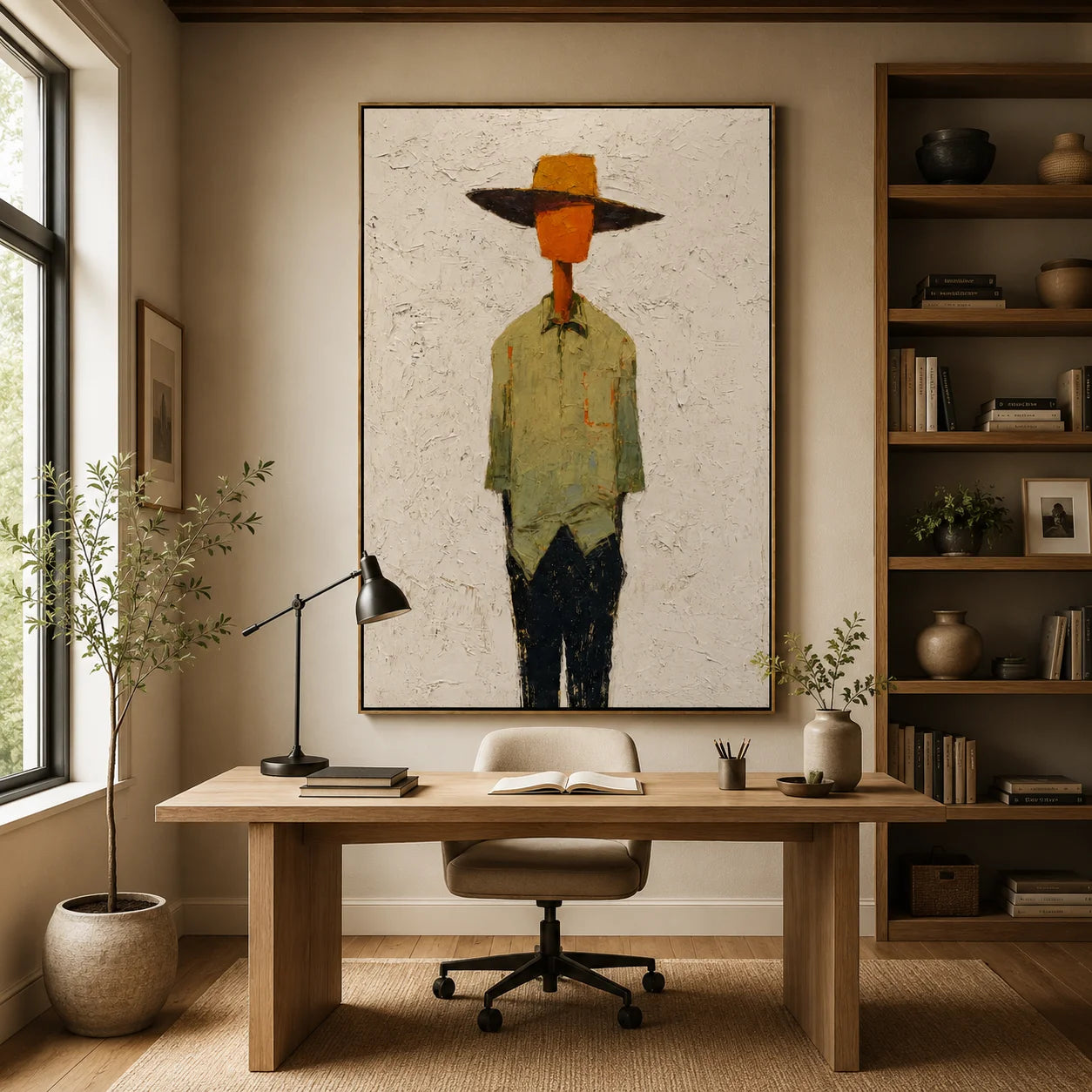 Hand-Painted Minimalist Western Figure Oil Painting, Textured Cowboy Portrait Canvas Wall Art for Modern Home Decor#OA 0932