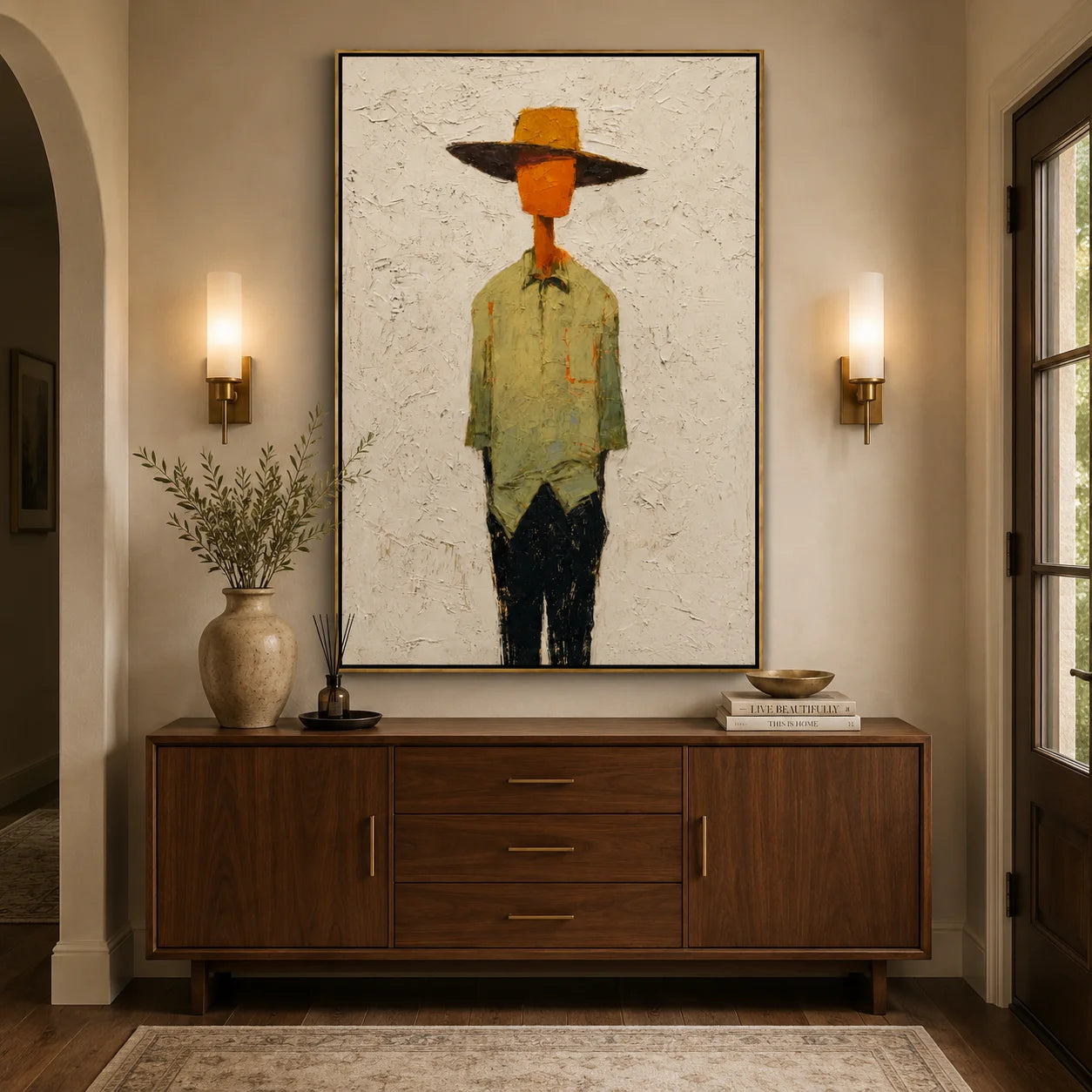 Hand-Painted Minimalist Western Figure Oil Painting, Textured Cowboy Portrait Canvas Wall Art for Modern Home Decor#OA 0932