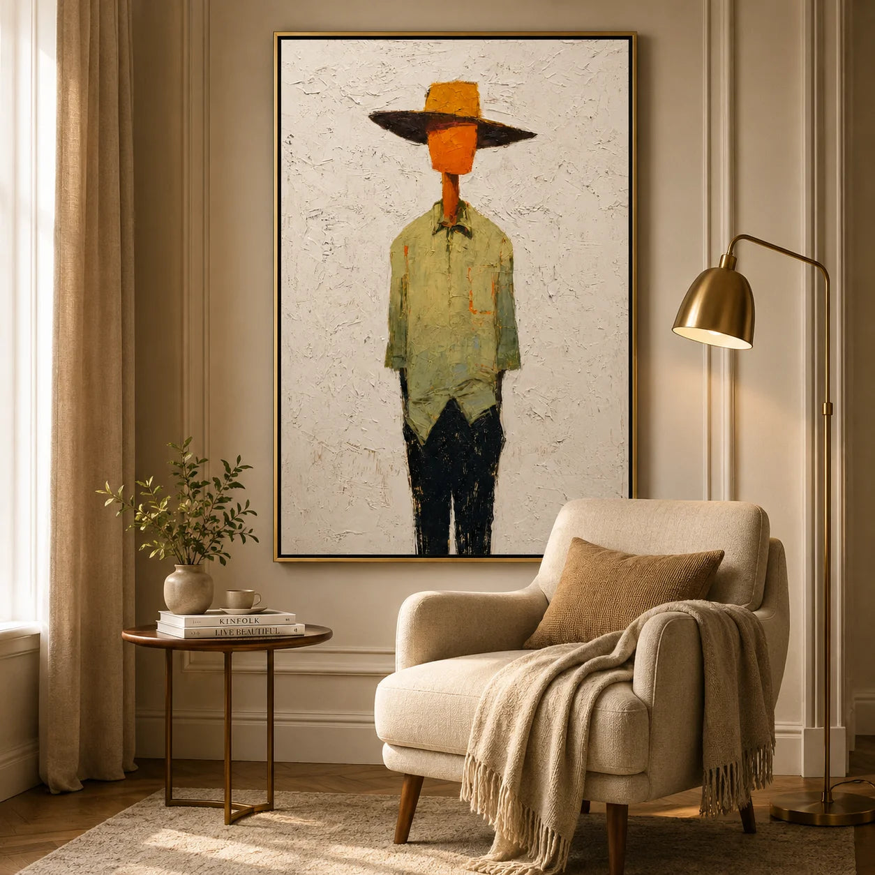 Hand-Painted Minimalist Western Figure Oil Painting, Textured Cowboy Portrait Canvas Wall Art for Modern Home Decor#OA 0932
