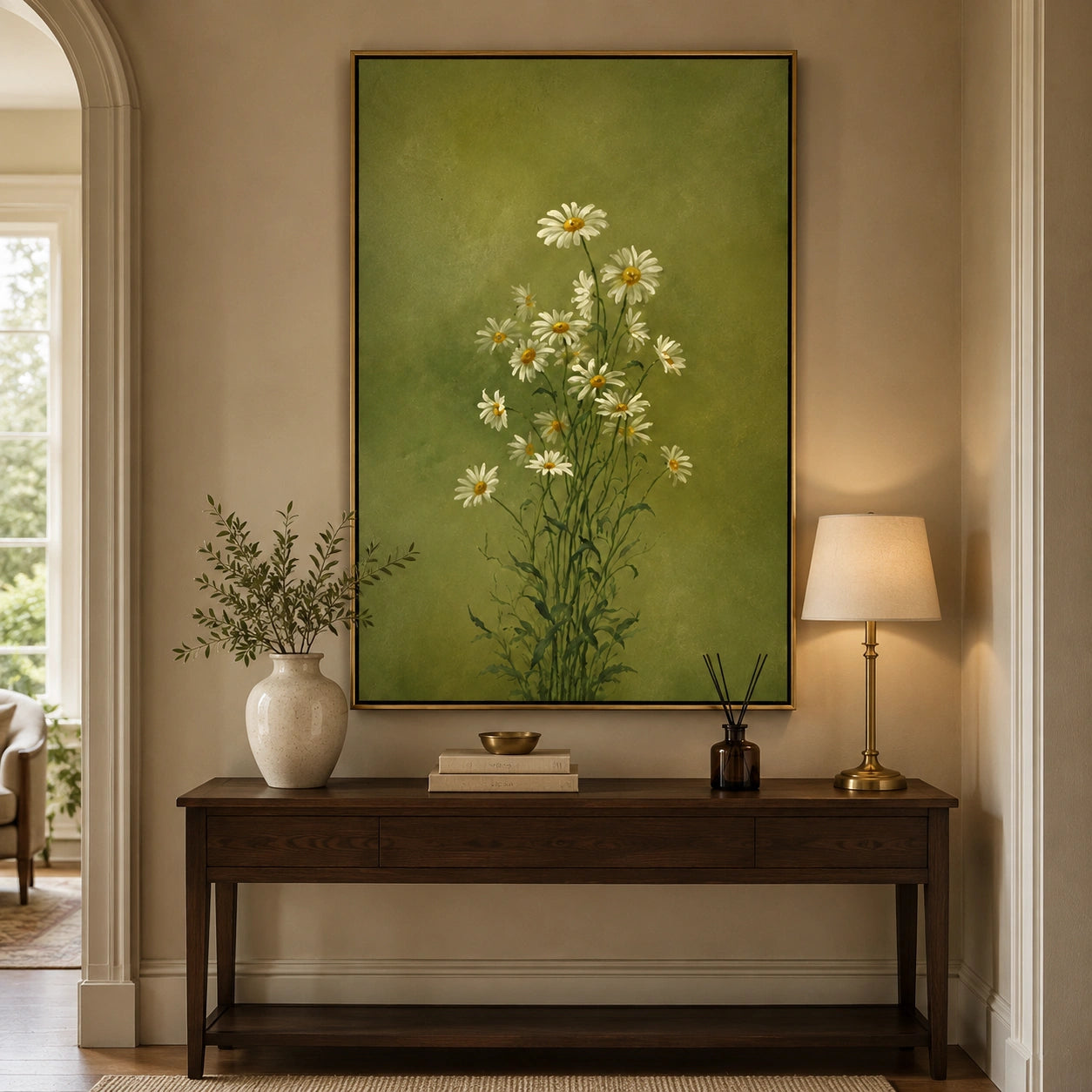 Ownanart Hand-Painted Olive Green Daisy Bouquet Oil Painting – Minimalist Botanical Floral Wall Art for Natural Home Decor # OA 1288