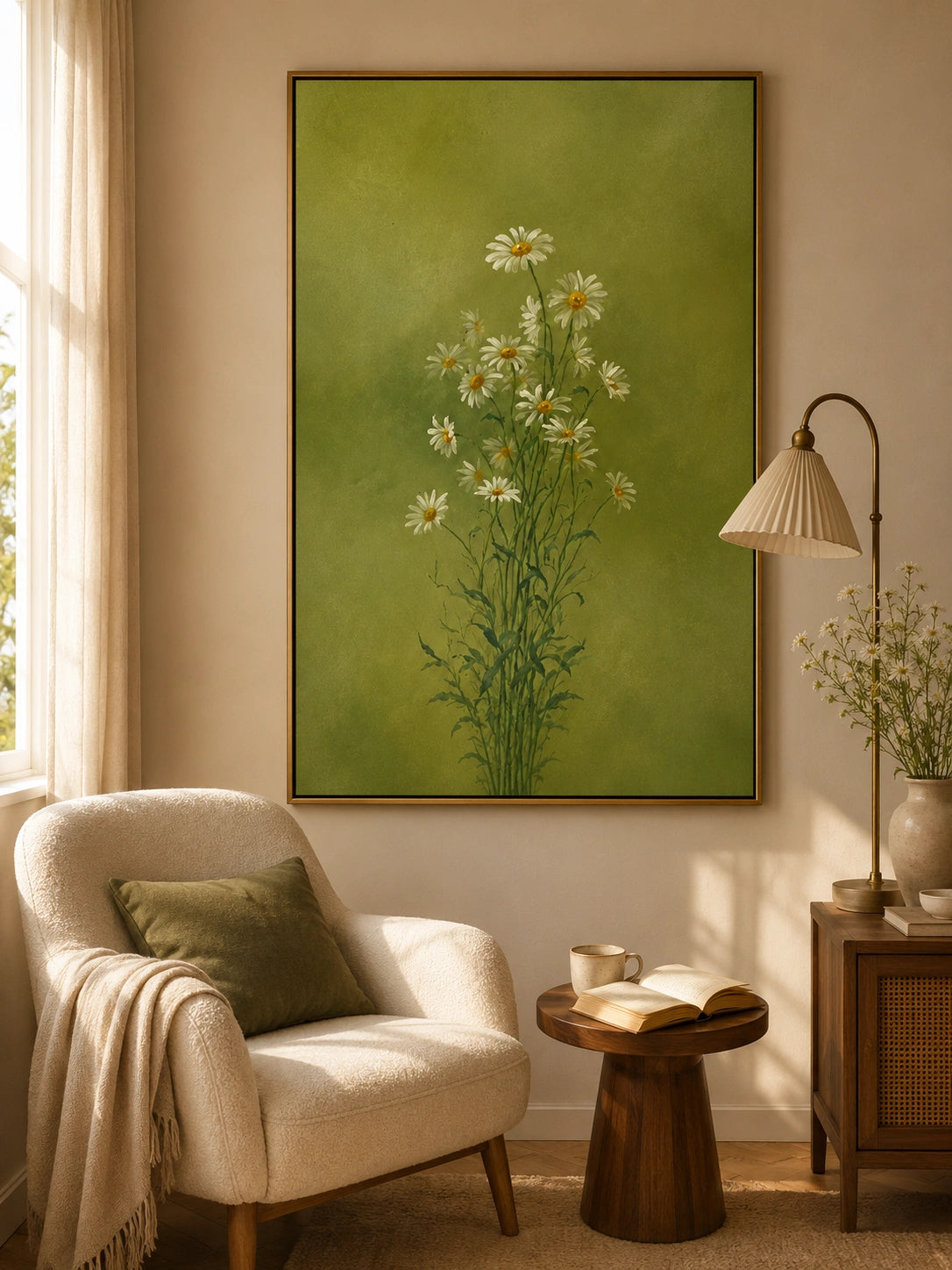 Ownanart Hand-Painted Olive Green Daisy Bouquet Oil Painting – Minimalist Botanical Floral Wall Art for Natural Home Decor