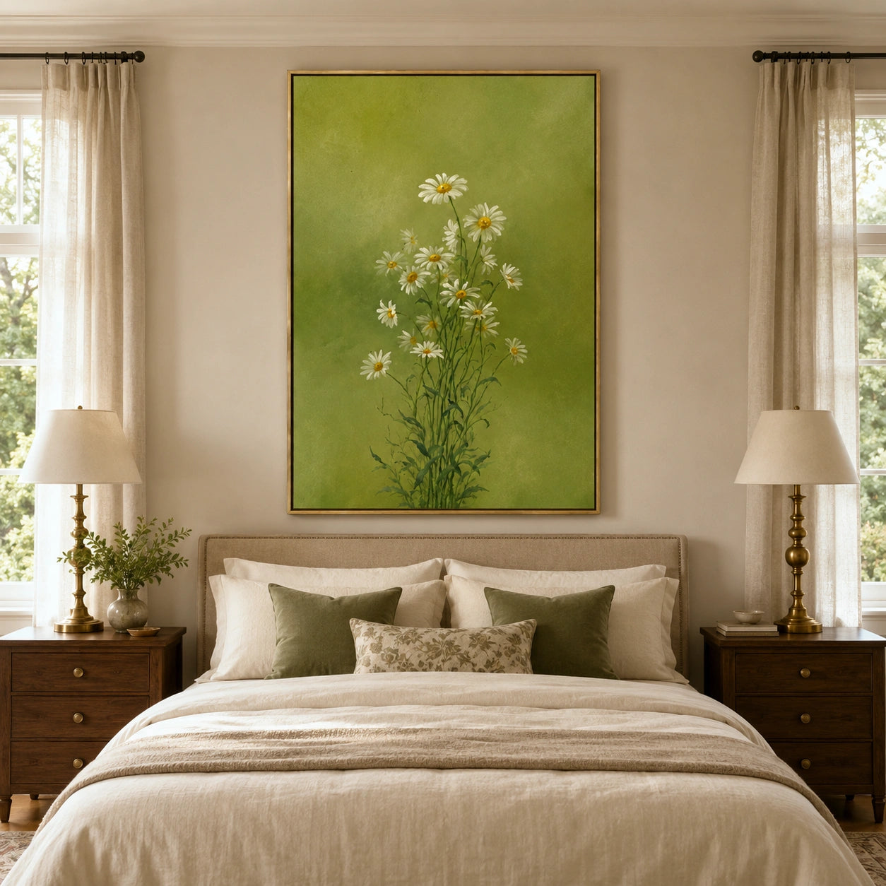 Ownanart Hand-Painted Olive Green Daisy Bouquet Oil Painting – Minimalist Botanical Floral Wall Art for Natural Home Decor