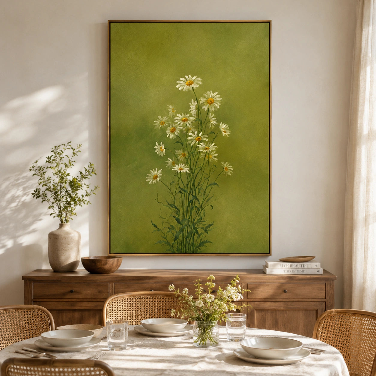 Ownanart Hand-Painted Olive Green Daisy Bouquet Oil Painting – Minimalist Botanical Floral Wall Art for Natural Home Decor