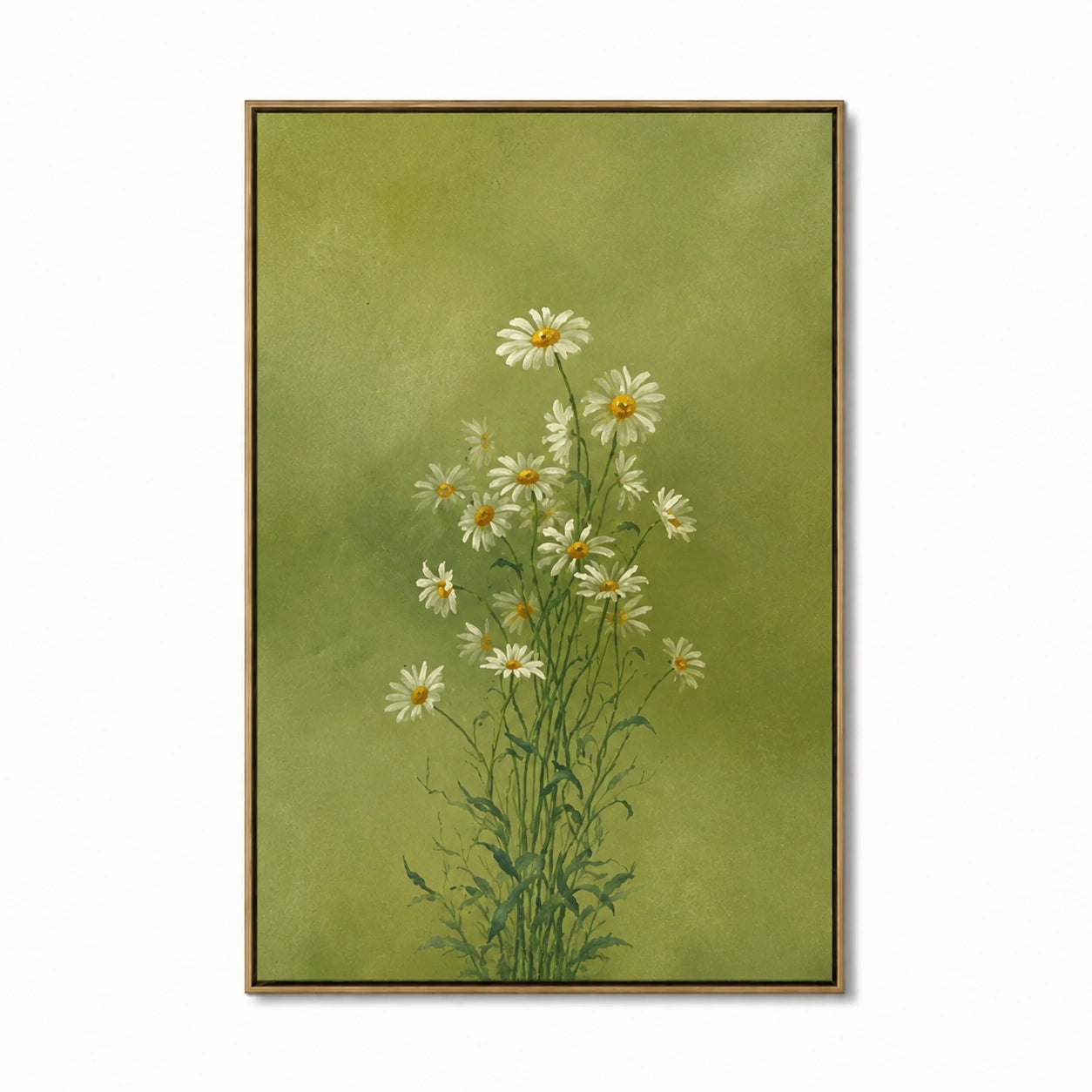 Ownanart Hand-Painted Olive Green Daisy Bouquet Oil Painting – Minimalist Botanical Floral Wall Art for Natural Home Decor