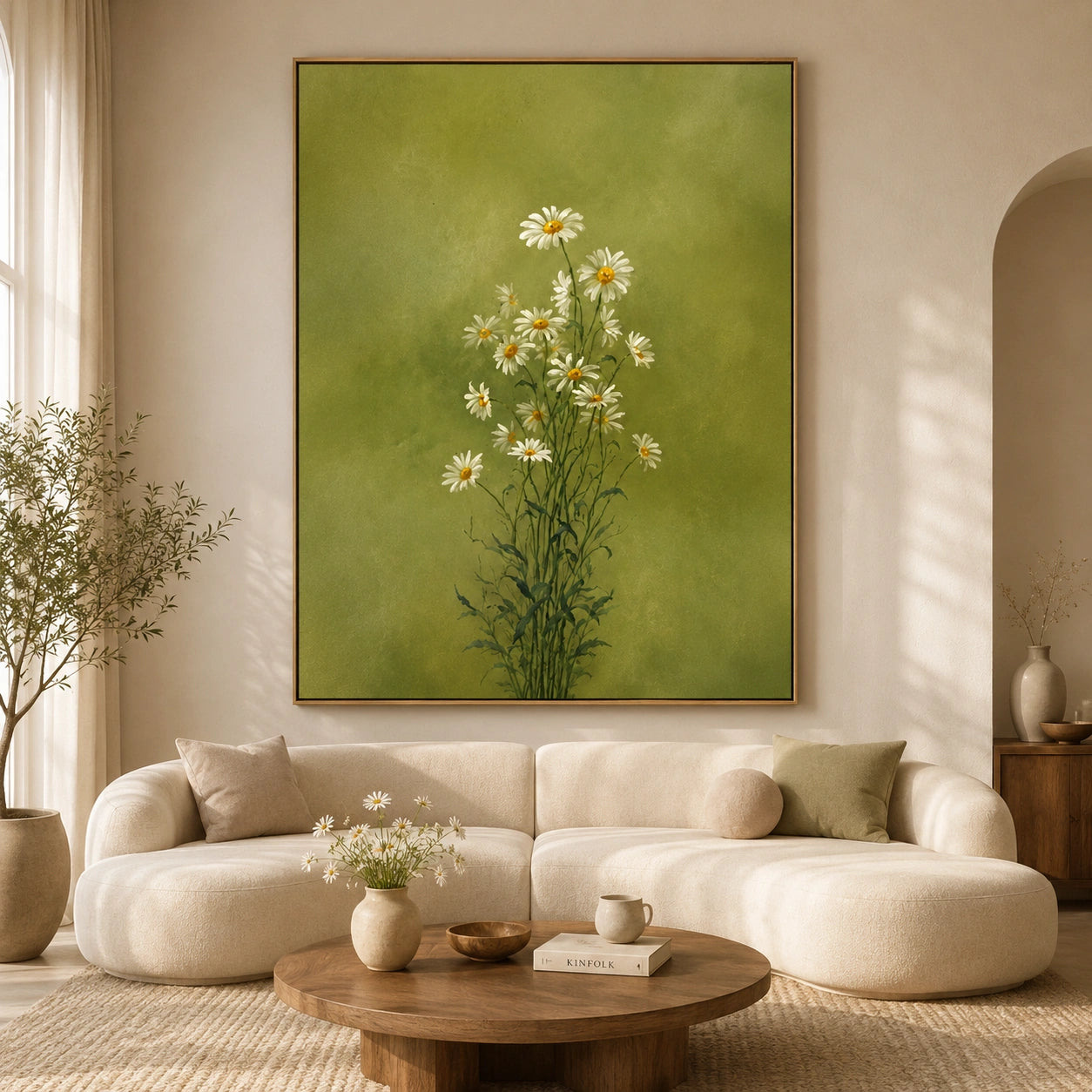 Ownanart Hand-Painted Olive Green Daisy Bouquet Oil Painting – Minimalist Botanical Floral Wall Art for Natural Home Decor