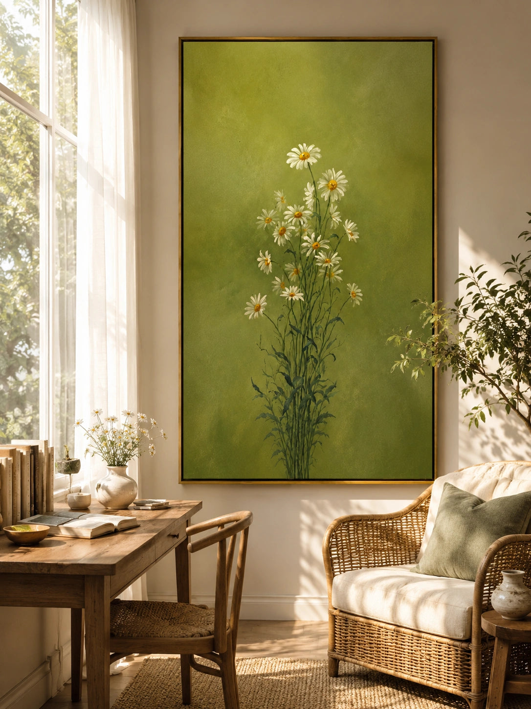 Ownanart Hand-Painted Olive Green Daisy Bouquet Oil Painting – Minimalist Botanical Floral Wall Art for Natural Home Decor