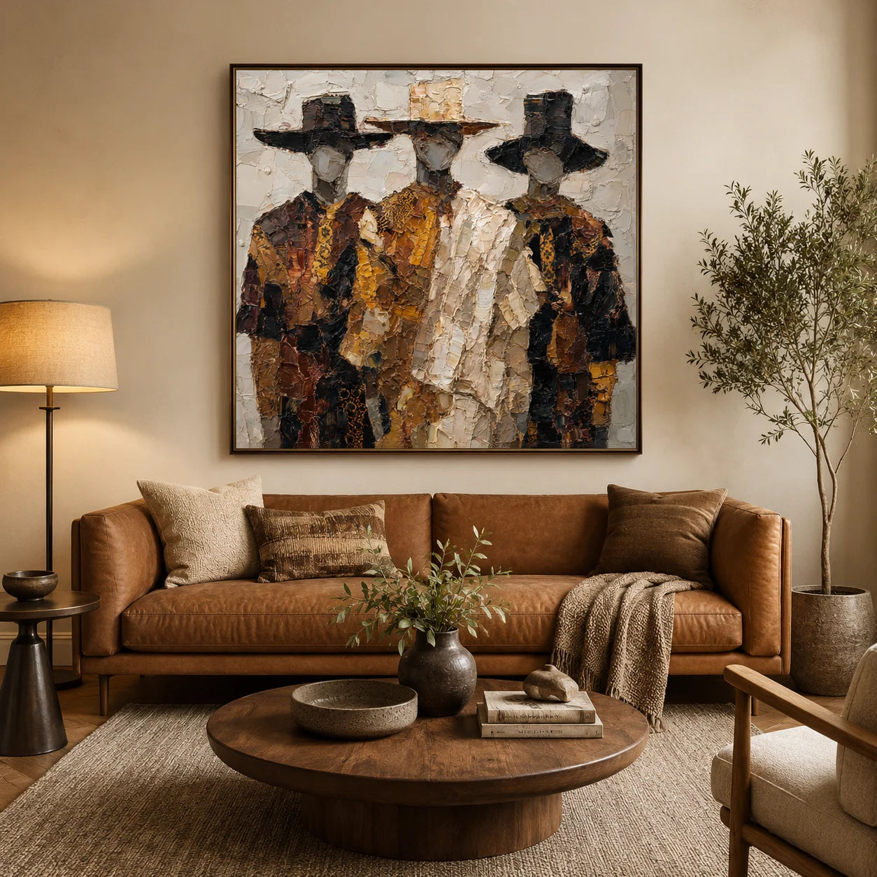 Hand-Painted Textured Figure Oil Painting, Three Men Abstract Portrait Wall Art for Modern Luxury Home Decor #OA 0925