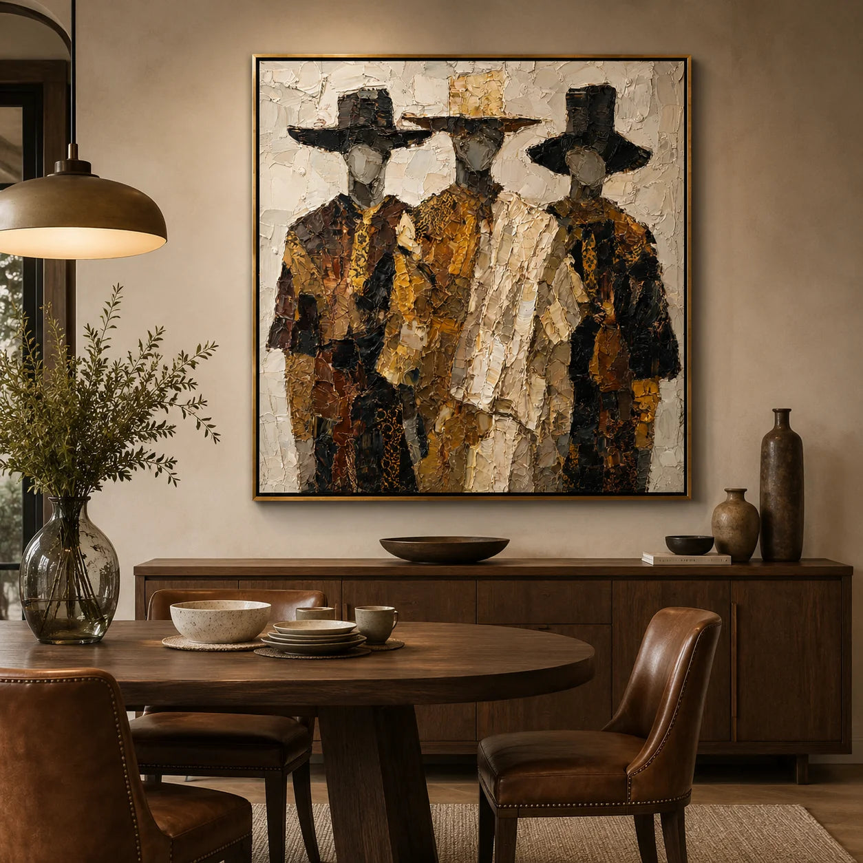 Hand-Painted Textured Figure Oil Painting, Three Men Abstract Portrait Wall Art for Modern Luxury Home Decor #OA 0925