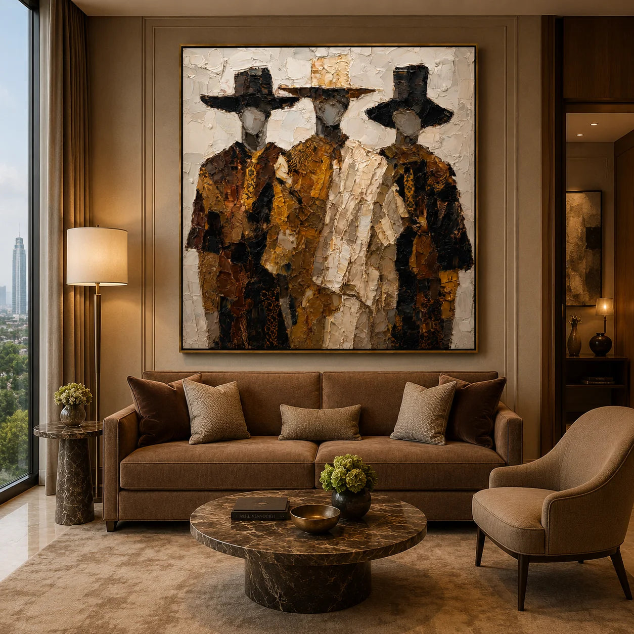 Hand-Painted Textured Figure Oil Painting, Three Men Abstract Portrait Wall Art for Modern Luxury Home Decor #OA 0925