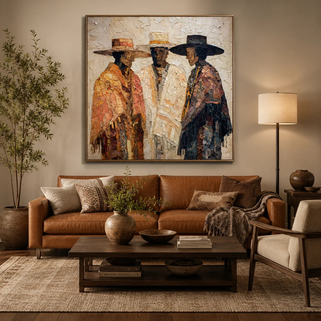 Hand-Painted Textured Figure Oil Painting, Three Men Portrait Wall Art for Modern Luxury Home Decor #OA0926