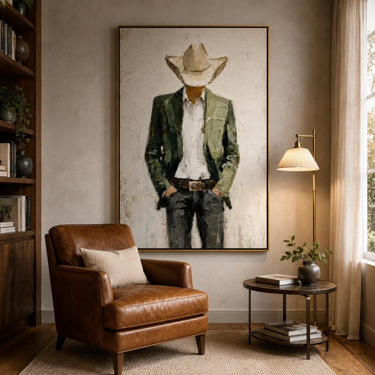 Hand-Painted Western Cowboy Oil Painting, Textured Ranch Portrait Canvas Wall Art for Rustic Luxury Home Decor#OA 0935