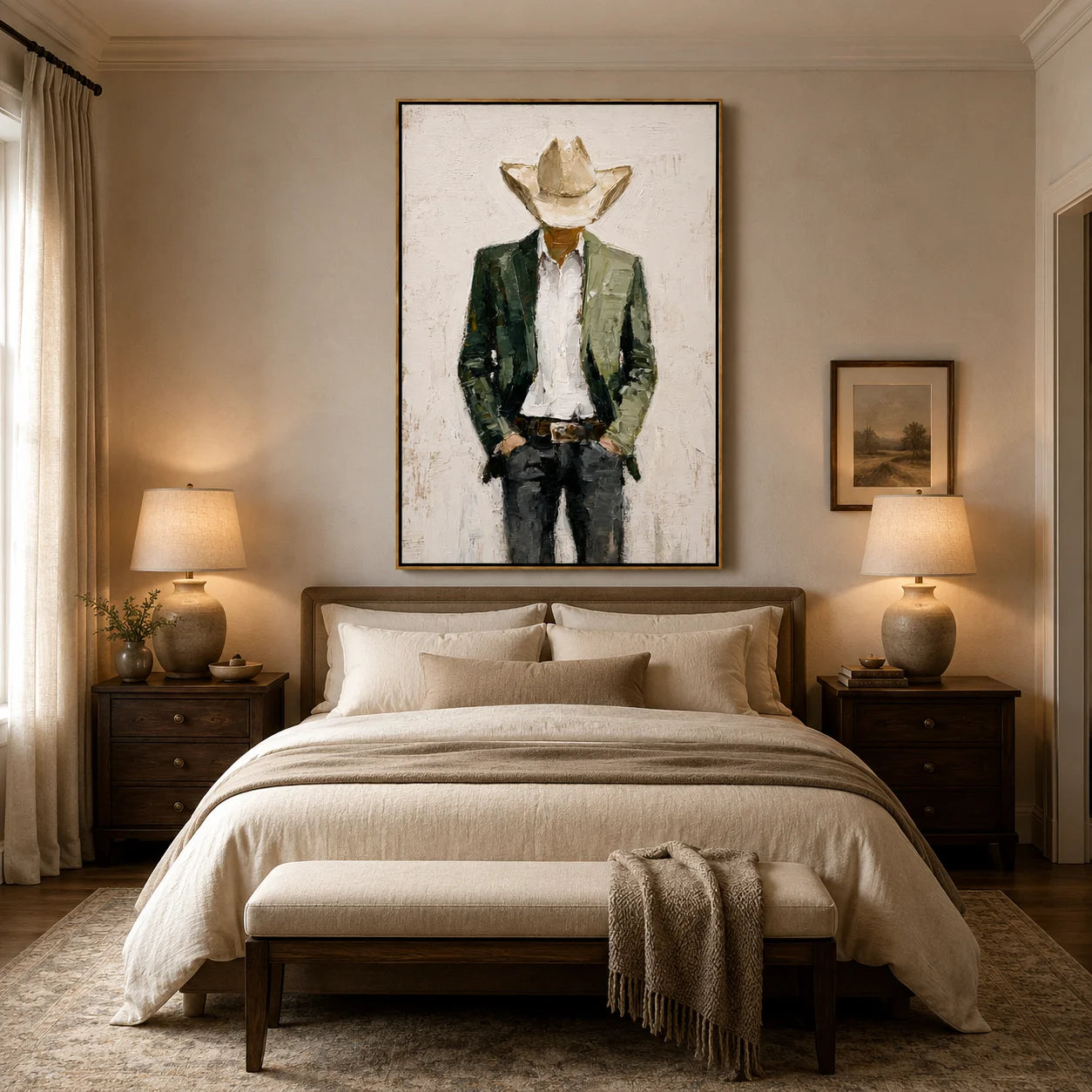 Hand-Painted Western Cowboy Oil Painting, Textured Ranch Portrait Canvas Wall Art for Rustic Luxury Home Decor#OA 0935