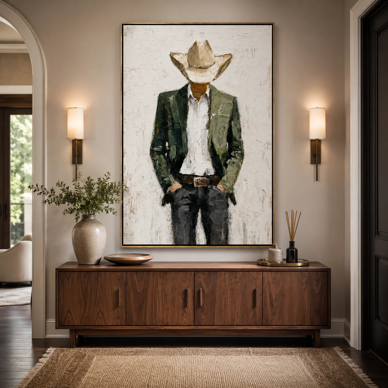 Hand-Painted Western Cowboy Oil Painting, Textured Ranch Portrait Canvas Wall Art for Rustic Luxury Home Decor#OA 0935